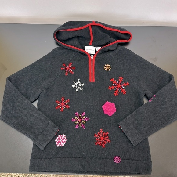 Liz Claiborne Black 1/4 Zip Hood Embroidered Wool Angora Blend Sweater L - Picture 3 of 13